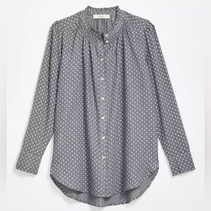 NWT LOFT Petite Small Dotted Ruffle Collar Long Sleeve Button Down Blouse, gray